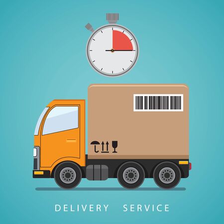 Concept of the shipping service. Delivery truck transporting a big cardboard box. Flat vector illustration.のイラスト素材