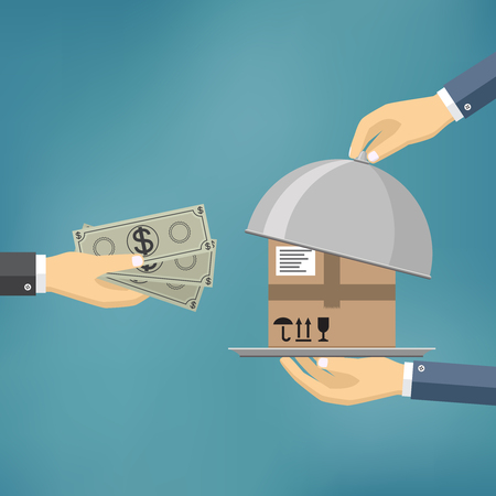 Human hand holds money and pay for the package. Delivery service concept. Payment by cash for express delivery. Vector illustration in flat design.のイラスト素材