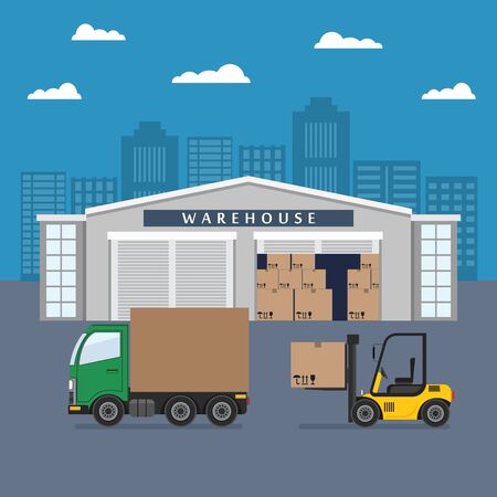 Warehouse building and shipping process. Flat vector illustration.のイラスト素材