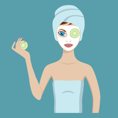Cute girl in a cosmetic mask pack puts cucumbers on eyes.のイラスト素材