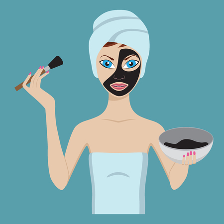 Young girl applying black facial beauty mask.のイラスト素材