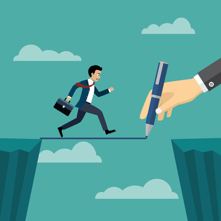 hand of boss using a pencil draw path cross gap of mountain with business man running on the way.のイラスト素材