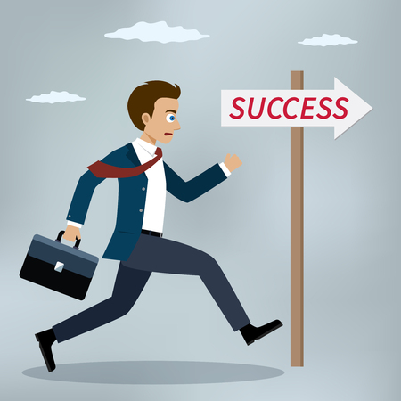 Success concept. Businessman running near success sign. Vector illustrator.のイラスト素材