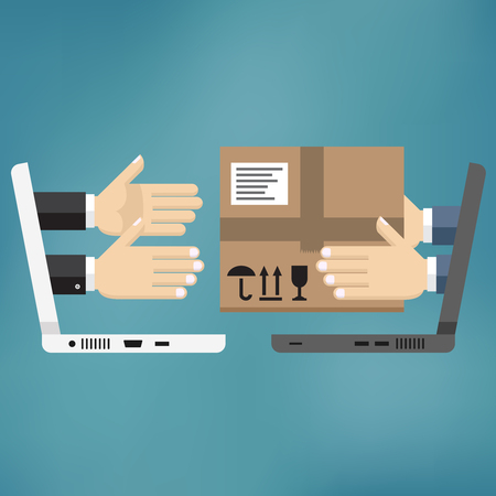 Concept for delivery service, online shopping, receiving package. Vector illustration. Hands of courier with parcel appeared from laptop and customers hands.のイラスト素材