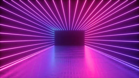 3d rendering, abstract neon background, empty square tunnel with pink glowing lines, long corridor,...