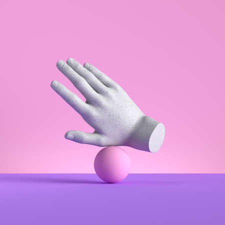 3d render, mannequin hand, ball equilibrium. Balance metaphor, gesture, isolated on pink background,...