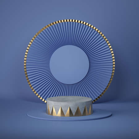 3d render abstract blue background. Empty circus stage, cylinder podium, vacant pedestal. Shop...