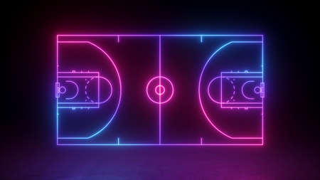 3d render, neon basketball field scheme, virtual sport playground, sportive game, pink blue glowing line. Isolated on black background.の写真素材