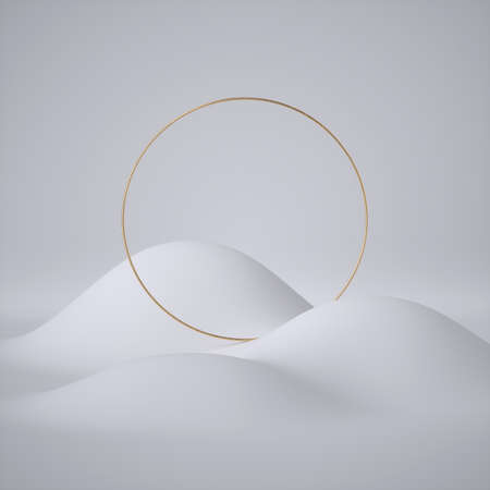 3d render, abstract white background, modern minimal design, balance concept, clean style. Golden ring, blank round frame. Smooth winter hills, blank desolate landscape, pure wavy surface.の写真素材