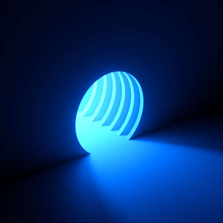 3d render, abstract background, blue neon light going out of the hole in the wall. Round window, cave, door, portal. Tunnel entrance. Dramatic scene. Minimal conceptの写真素材