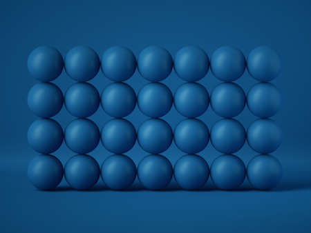 3d render, abstract wall of many balls isolated on blue background, balance concept. Matrix of...