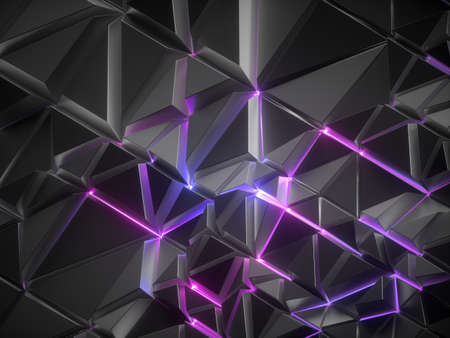 3d render, abstract black metallic faceted crystal background, pink blue glowing neon light,...