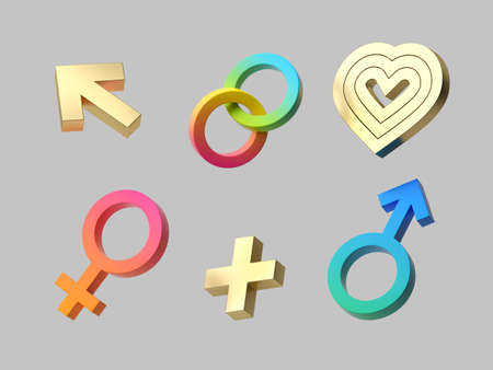 3d render, isolated icons set, love and relationship concept, gender signs, man woman symbols, golden design elements, modern minimal clip artの写真素材