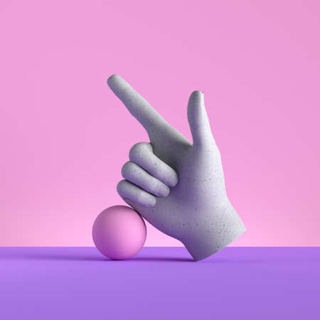 3d render, mannequin hand and ball, finger pointing up, direction gesture, isolated on pink...
