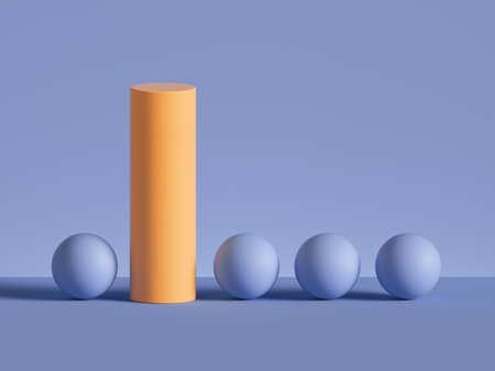 3d render, abstract minimal geometric background. Yellow cylinder placed inside row of violet balls....