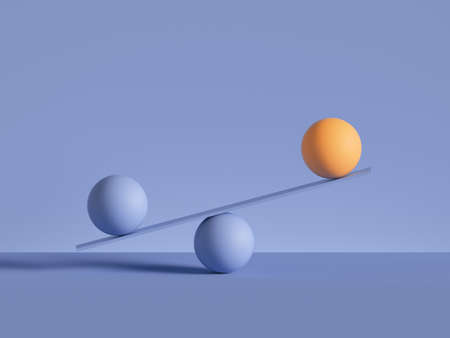 3d render, balls placed on scales, isolated on violet background. Primitive geometric shapes. Balance, comparison metaphor. Modern minimal designの写真素材