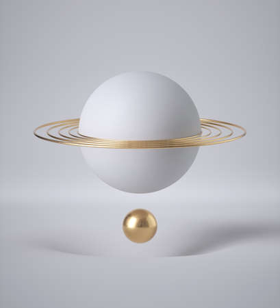 3d render, abstract white background, minimal design, clean style. Floating balls, levitating sphere, Saturn. Golden rings. Gravity, hole, dimple, pit. Empty template, copy space. Modern blank mockupの写真素材