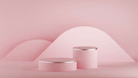 3d render, abstract modern minimal pink background, hills. Empty fashion podium, cylinder steps, vacant pedestal, stage, showcase stand, blank product display platform. Copy space. Premium designの写真素材