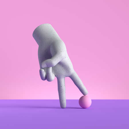 3d render, mannequin hand, ball game. Football metaphor, two fingers play gesture, isolated on pink background, minimal fashion concept, simple clean design. Limb prosthesisの写真素材