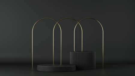 3d render, minimalist black background. Empty cylinder podium, vacant pedestal, round stage,...