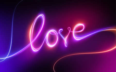 love lettering, red pink neon, glowing single line art, light drawing, handwritten word, ultraviolet text. Romantic background for Valentine dayの写真素材