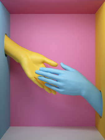 3d render, blue yellow hands isolated on pink background, female mannequin body parts inside box, handshake, minimal fashion background, helping hands, partnership conceptの写真素材