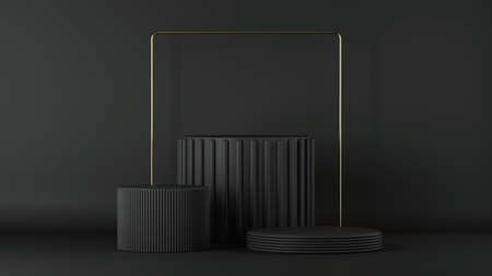 3d render, minimalist black background. Empty cylinder podium, vacant pedestal, round stage,...
