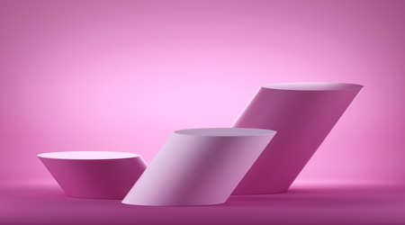 3d render, inclined cylinder pedestal, empty podium, blank mockup with copy space. Empty stand for product display, commercial showcase. Abstract pink geometric background, modern minimal concept.の写真素材