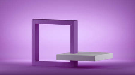 3d render abstract violet geometric background, modern minimal concept. Square isometric frame with copy space, empty shelves for product display, commercial showcase, podium or pedestal.の写真素材