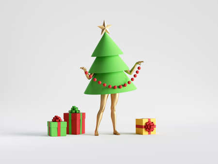 3d render. Green Christmas tree cartoon character with mannequin legs stands near wrapped gift boxes. Minimal seasonal clip art isolated on white background. Unique toyの写真素材