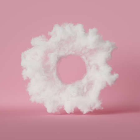3d render, abstract cloud donut shape, isolated on pastel pink background. Hole inside the round shape.の写真素材