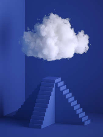 3d render, white soft cloud above the pyramid pedestal, minimal room interior, ladder, stairs....