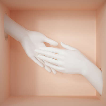 3d render, white hands isolated on pastel peachy background, female mannequin body parts inside box,...