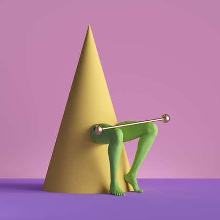 3d render, abstract minimal surreal contemporary art. Geometric concept, yellow cone, green legs isolated on pink background. Modern fashion composition, visual illusion, funny freak performanceの写真素材