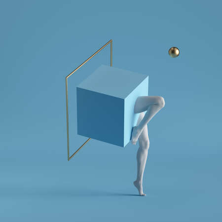 3d render, abstract surreal contemporary art. Primitive geometric shapes: golden square frame, cube, white legs isolated on blue background. Modern fashion design, visual illusion, funny freak showの写真素材