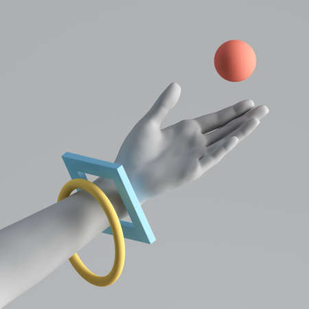 3d render white artificial hand with colorful geometric bracelets. Juggler throwing a red ball. Human mannequin body part isolated on plain background. Modern minimal fashion concept.の写真素材