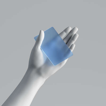 3d render, mannequin hand holding blank blue glass card or pass ticket isolated on white background. Payment metaphor. Modern minimal concept, simple clean design. Artificial human limb body partの写真素材