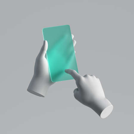 3d render, mannequin hands holding mint green glass smart phone, electronic device isolated on white background, minimal concept, simple clean design. Remote control. Futuristic gadget blank mockupの写真素材