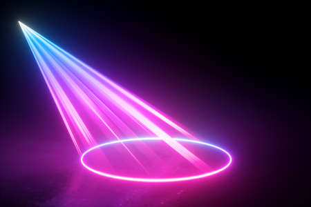3d render, neon light abstract background, blue pink laser rays in the dark, projecting circle on the stage floor.の写真素材