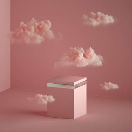 3d render, abstract pink fantasy background. Small clouds floating above the cubic pedestal box....