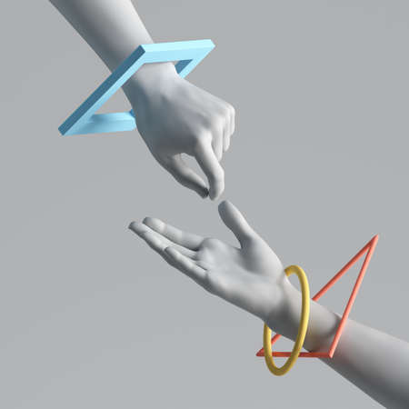 3d render, white mannequin hands with geometric bracelets, isolated on plain background. Give and...