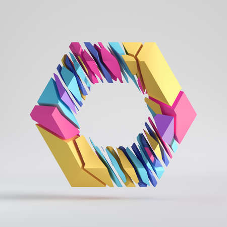 3d render, abstract random mosaic pieces, broken colorful polygonal hexagon, cracked surface with hole. Blue pink yellow elements. Split geometric object isolated on white background. Minimal designの写真素材