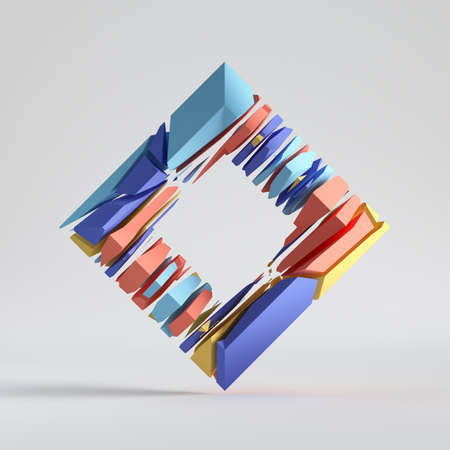 3d render, abstract random mosaic pieces, cracked rhombus, square shape with hole. Blue red yellow elements. Split colorful geometric object isolated on white background. Minimalist designの写真素材