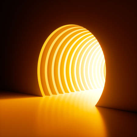 3d render, abstract background, bright yellow neon light shining out of the hole in the wall. Round...
