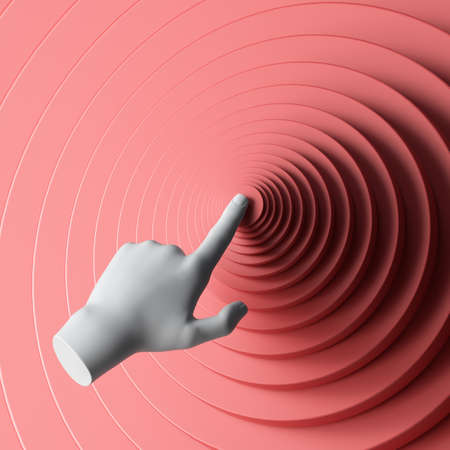 3d render white mannequin hand pushing red round button, abstract concept, target metaphorの写真素材