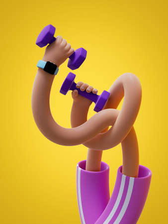 3d render flexible tangled cartoon hands hold dumbbells isolated on yellow background. Physical activity at home, indoor fitness exercise routine. Funny surrealistic clip art, sport motivationの写真素材