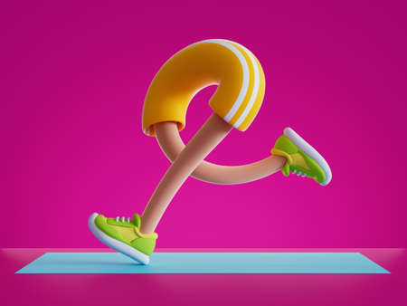 3d render cartoon character legs run, training routine on blue mat, physical activity at home,...