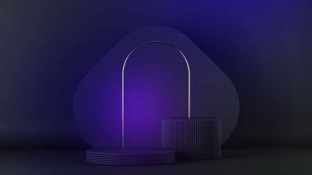 3d render, abstract minimalist black background with copy space. Empty cylinder podium, vacant pedestal, round stage, showcase stand, product display platform, golden arch. Ultraviolet lightの写真素材