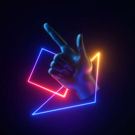 3d render black artificial hand, neon geometric objects levitating. Pointing finger gesture. Human...