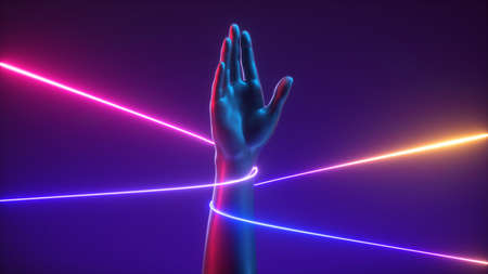 3d render, abstract minimal futuristic concept, artificial hand open palm with colorful strings, pink blue yellow neon glowing lines. Mannequin body part isolated on dark ultraviolet backgroundの写真素材